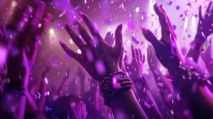 A group of people with hands in the air. Suitable for events and celebrations
