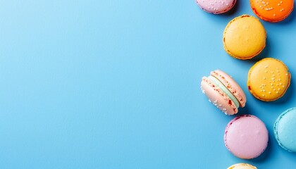Colorful background featuring a vibrant assortment of delicious macarons in various flavors and hues