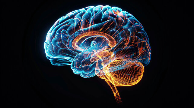 a side of a 3D brian x ray effect the brain is highlight