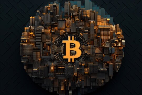 a city with a bitcoin symbol