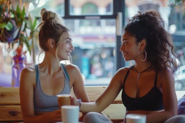 Two women sitting at a table with a cup of coffee. Suitable for lifestyle and friendship concepts