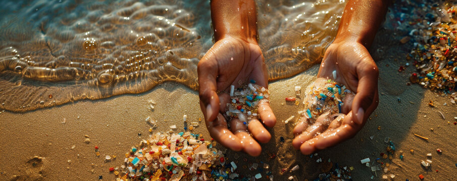Powerful image of hands cleaning microplastic particles from the sand
