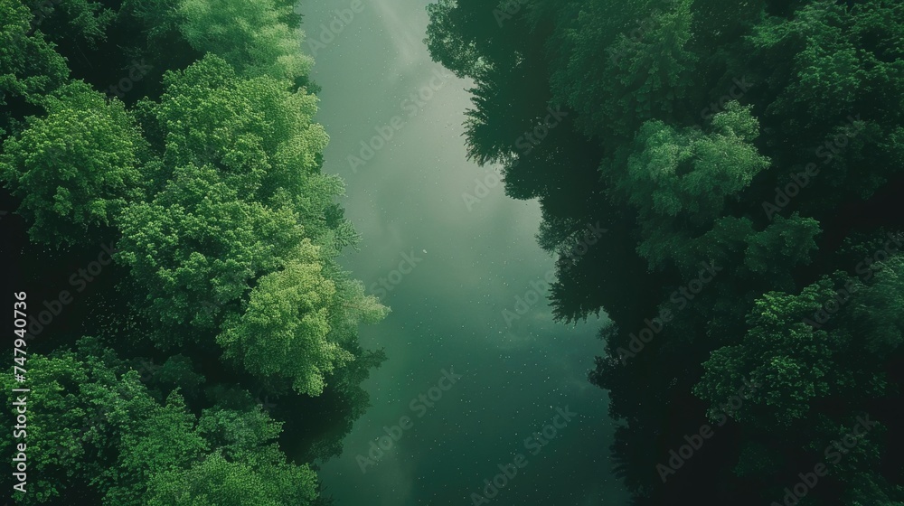 Poster Aerial view of a river surrounded by trees. Suitable for nature and landscape concepts