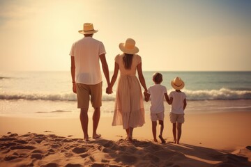 Fototapeta premium A family holding hands while walking on the beach. Suitable for travel and family vacation concepts