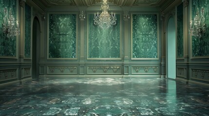 A majestic ballroom enveloped in timeless damask wallpaper, its rich emerald hues reflecting elegance and nobility. - obrazy, fototapety, plakaty