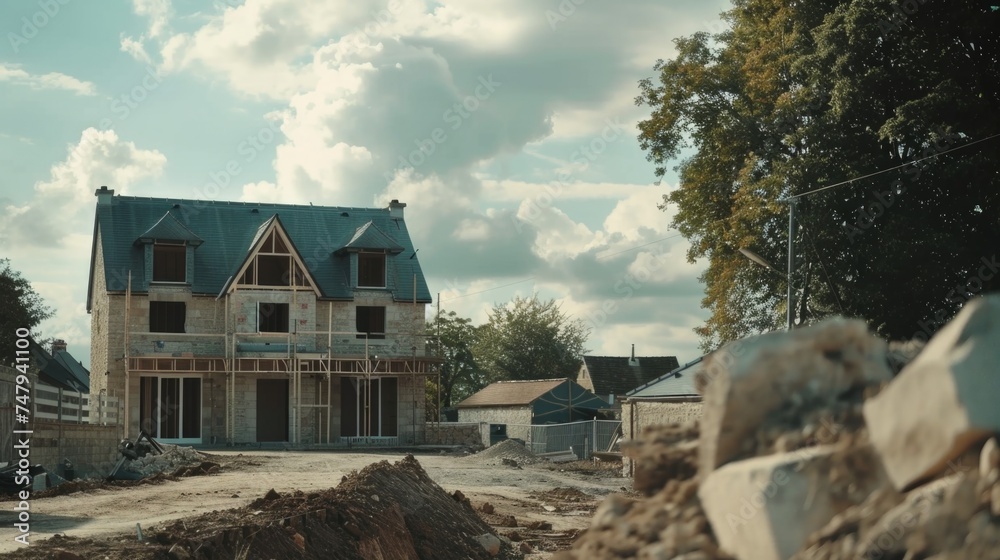 Poster a house under construction with a pile of rocks in front of it. suitable for construction industry c