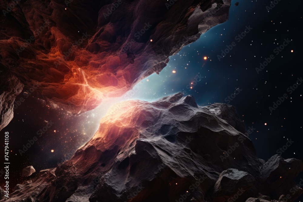 Poster a mesmerizing view of a star-filled sky from inside a cave. perfect for astronomy enthusiasts or nat