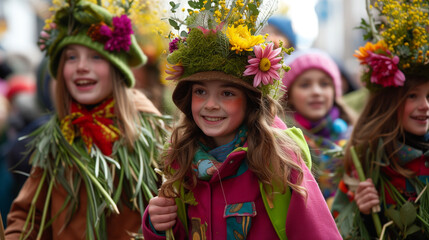 Young girls with flowers stuff in the parade.