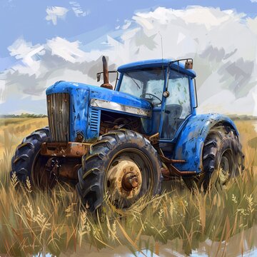 Farming in the Modern Era Blue Tractor in the Field Generative AI