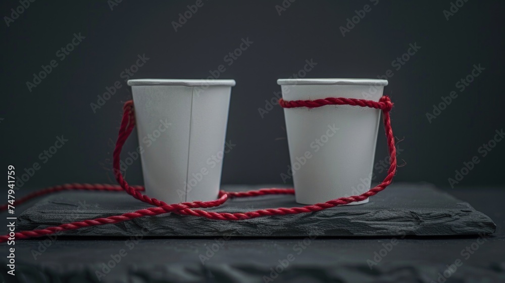 Aufkleber Two white cups connected with red string. Perfect for concepts of unity and connection
