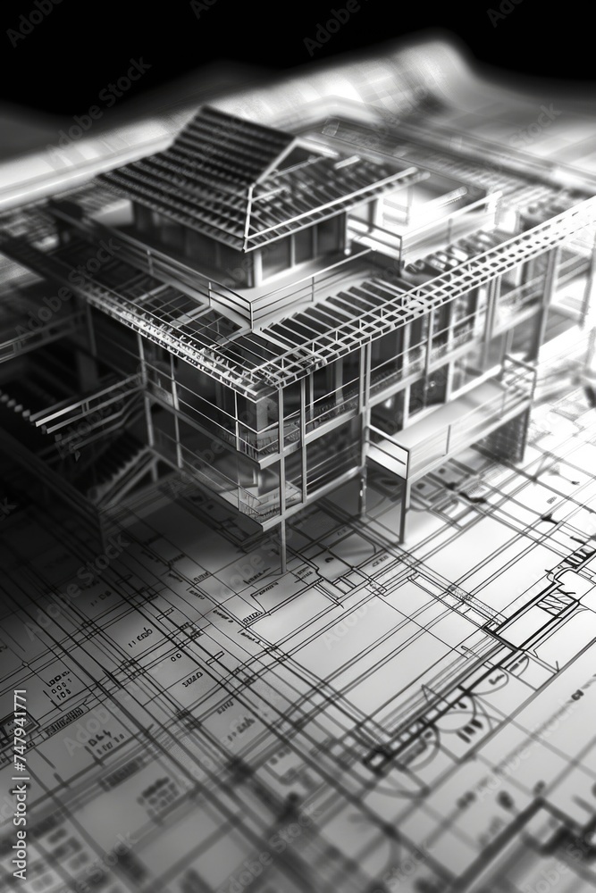 Poster House model on top of blueprint, suitable for architecture and construction concepts