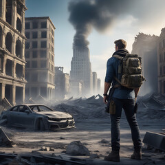 Man Against the background of a destroyed city. Post-apocalypse - obrazy, fototapety, plakaty