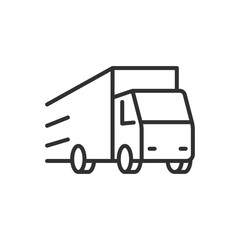The truck is moving fast, linear icon. Truck driving. Line with editable stroke © Matsabe