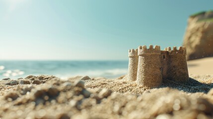A sand castle on a sandy beach, perfect for summer themes