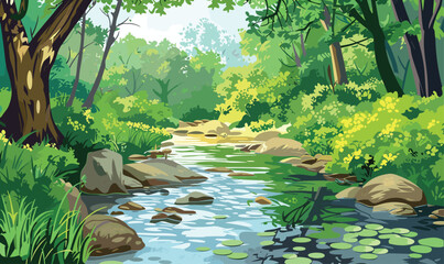 A stream of river creek flowing across a dense green forest, vector illustration - obrazy, fototapety, plakaty