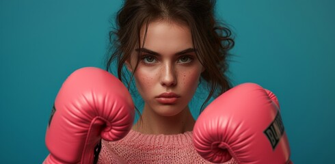 Serious woman with pink boxing gloves on face looking at camera in intense expression