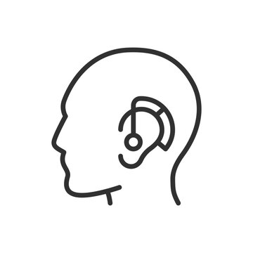 Hearing aid on human ear, linear icon, head. Line with editable stroke