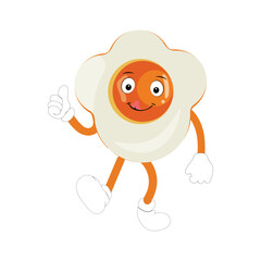 Fried egg with cute face lying cartoon illustration. Chicken egg for breakfast. Happy fried egg character. Easter, cooking, food, emotion concept