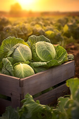 Cabbage harvested in a wooden box with field and sunset in the background. Natural organic fruit abundance. Agriculture, healthy and natural food concept. Vertical composition.