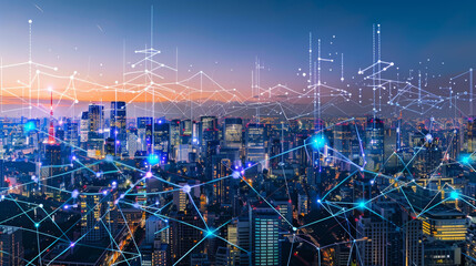 A vibrant metropolitan area at night, illuminated by a complex digital network mesh representing technological communication 5G internet connection technology digital technology concept.