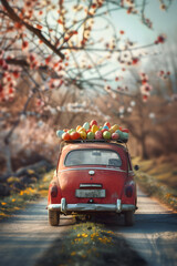 Vintage car full of colorful Easter eggs on the road with grass and spring flowers. Concept of Easte travel, transport and logistics. - 747941988
