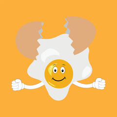 Fried egg with cute face lying cartoon illustration. Chicken egg for breakfast. Happy fried egg character. Easter, cooking, food, emotion concept