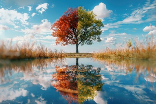 A serene image of a lone tree reflected in calm water. Ideal for nature and landscape concepts