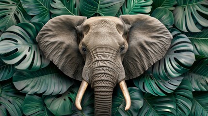 Majestic elephant peering through lush tropical jungle leaves at night, exuding curiosity and grace.