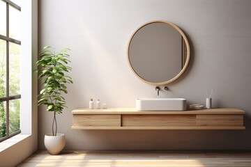 a bathroom with a round mirror and a plant - obrazy, fototapety, plakaty