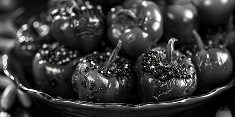 A black and white photo of fresh pomegranates in a bowl. Suitable for food and nutrition concepts - obrazy, fototapety, plakaty