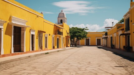 Fototapeta premium A yellow building with a clock tower in the distance. Suitable for architectural and urban themes