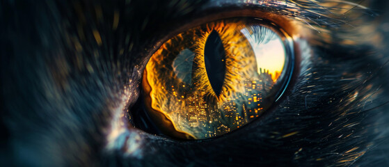 Intense close-up of a cats eye reflecting the urban skyline