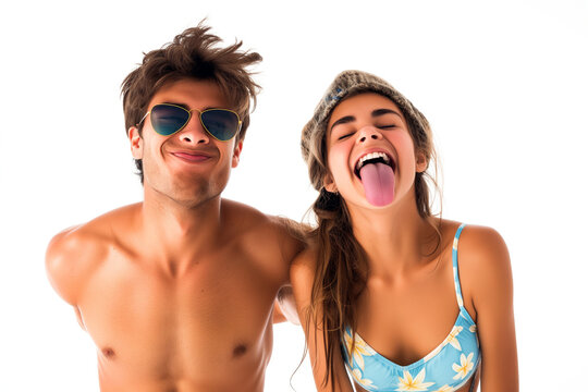 Funny teenager couple wearing beachwear and stick tongue out. Image for Marketing, Sale, Promotion or Advertising Campaign.