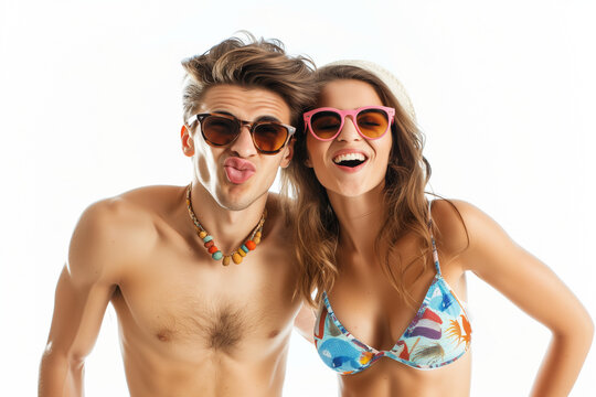 Teenager couple making silly face while wearing bikini and beach wear. Image for Marketing, Sale, Promotion or Advertising Campaign.