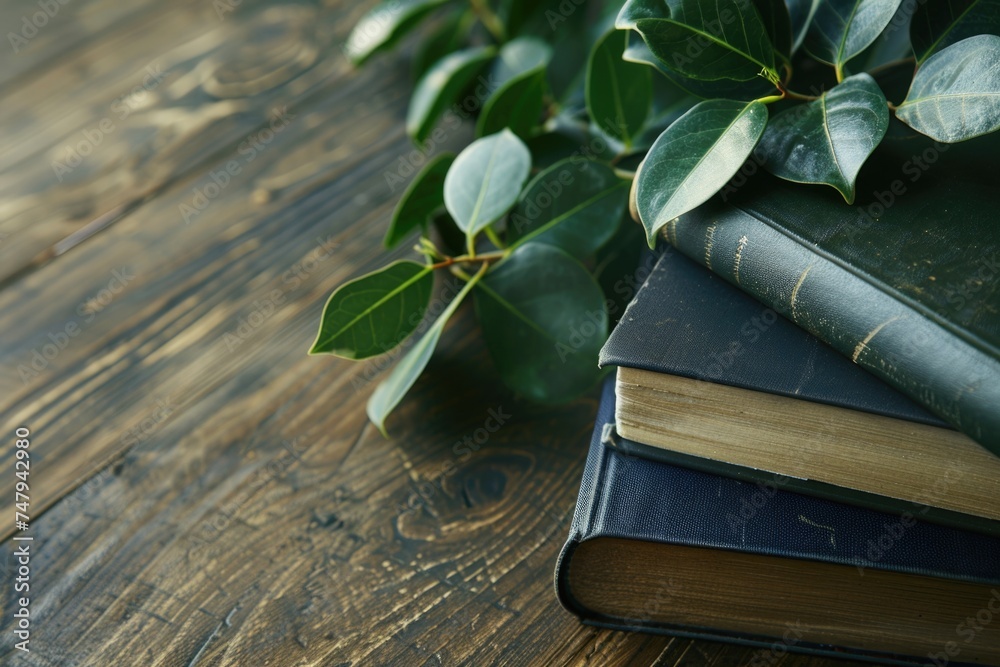Poster a stack of books on a wooden table, suitable for educational and reading concepts