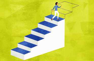 Woman climbing staircase and drawing more steps