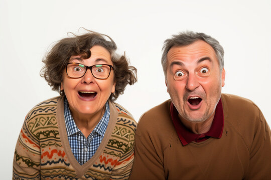 Elderly senior couple is surprised and shocked with eyes and mouth wide open. Image for Marketing, Sale, Promotion or Advertising Campaign.