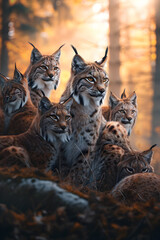Lynx family in the forest clearing in summer evening with setting sun. Group of wild animals in nature.