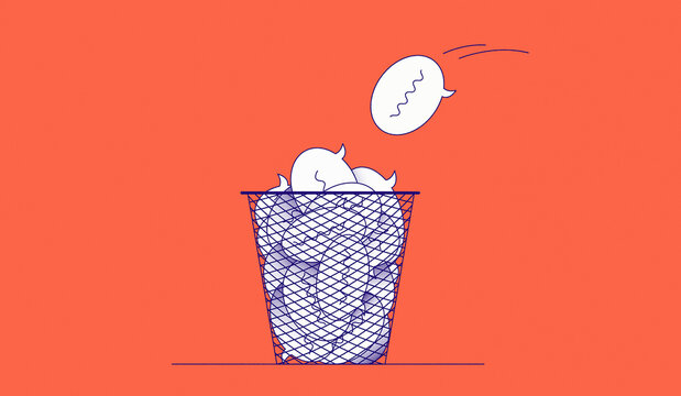 Speech bubbles thrown into waste paper basket
