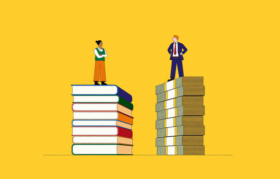 Woman on pile of books and man on pile of money