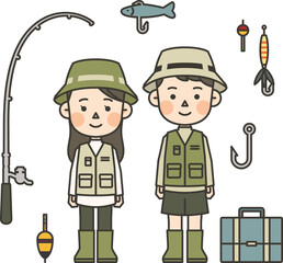 Illustrations of character wearing a fishing outfit