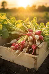 Radish Daikon harvested in a wooden box with field and sunset in the background. Natural organic fruit abundance. Agriculture, healthy and natural food concept. Vertical composition.