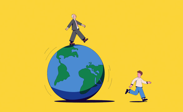Businessman walking on top of rolling globe oblivious to man in danger 