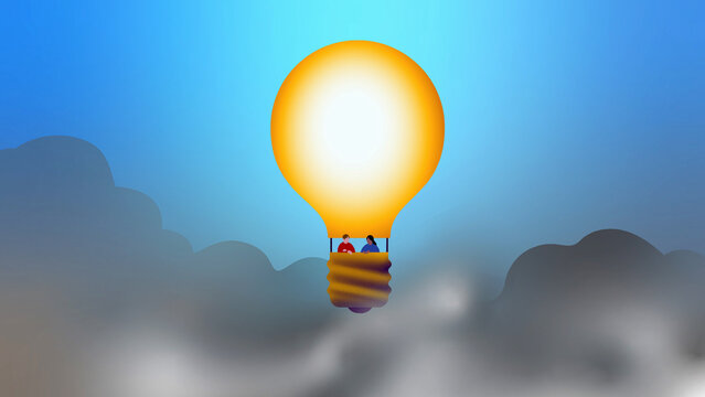 Man and woman above clouds in light bulb hot air balloon