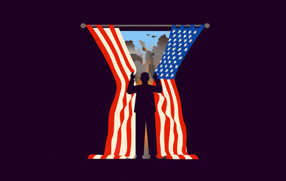 American politician closing stars and stripes curtains on war outside