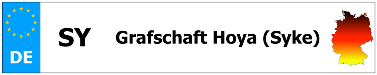 Grafschaft Hoya (Syke) car licence plate sticker name and map of Germany. Vehicle registration plates frames German number