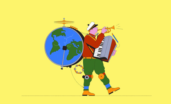 One man band banging cracked world drum