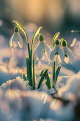 Colorful snowdrop flowers and grass with hoarfrost growing from the snow and sunshine in the background. Concept of spring coming.