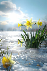 Colorful daffodil flowers and grass growing from the melting snow and sunshine in the background. Concept of spring coming and winter leaving.