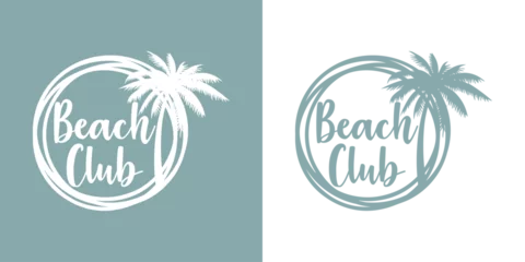 Fototapeten Logo vacaciones de verano. Marco circular con líneas con texto manuscrito Beach Club y silueta de la palma © teracreonte